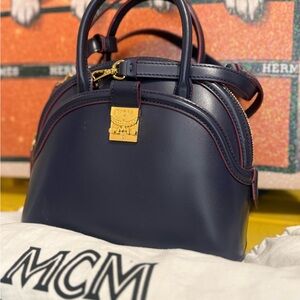 MCM Navy Leather Satchel with Gold Details